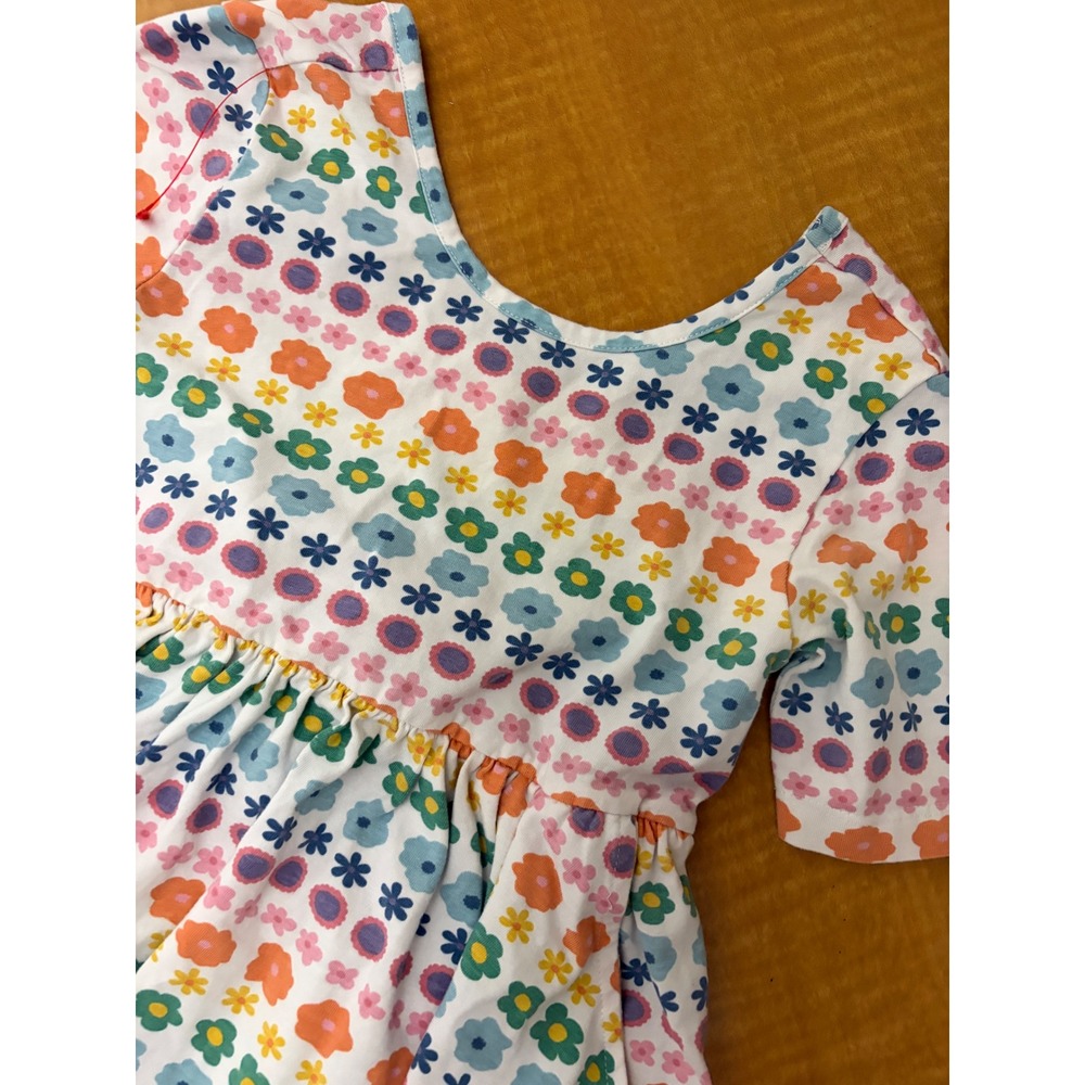 RuffleButts Girls Size 5 Rainbow Floral Short Sleeve Dress with Back Bow White
